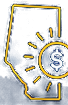 Yellow outline of Alberta containing a dark-blue circular dollar symbol and small radiating marks.