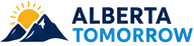 Alberta Tomorrow mountain-and-rising-sun logo with stacked blue wordmark.