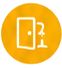 White outline front-door icon with a small person/knock mark inside a golden-yellow circular gradient medallion.