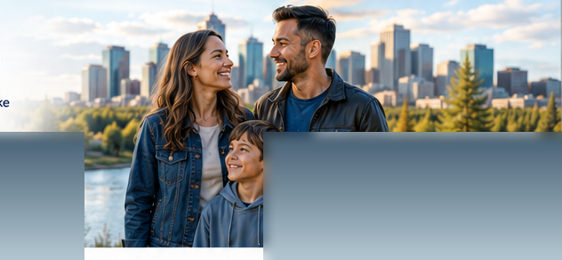 Warmly lit lifestyle photograph of a smiling mother, father, and child in front of a river and modern city skyline.