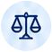 Navy outlined balance scales centered in a pale blue circular badge.