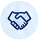 Navy outlined handshake centered in a pale blue circular badge.