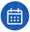 White outlined calendar icon in a rich blue circular badge.