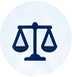 Navy balance-scale line icon centered inside a pale blue circular gradient badge.