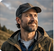 Portrait photograph of a bearded man in a dark cap and dark outdoor jacket, with a mountain background.